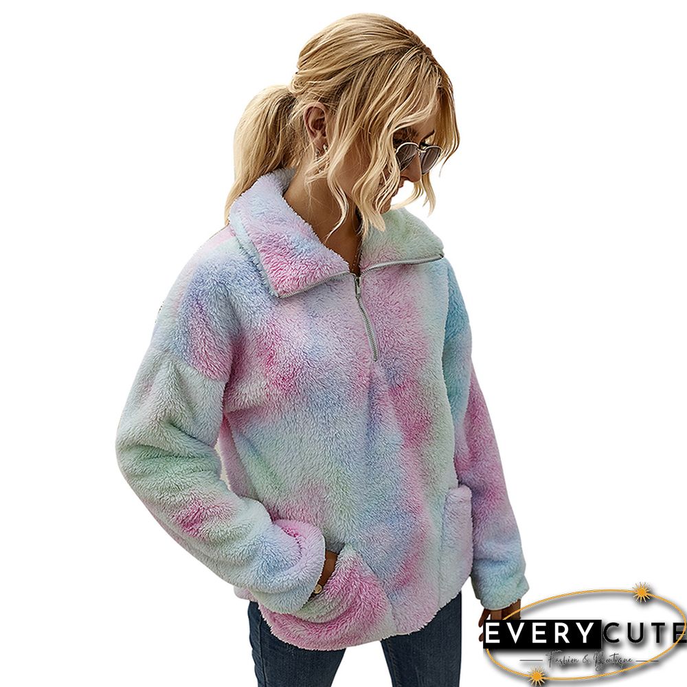 Light Pink Tie Dye Print Zip Neck Plush Sweatshirt