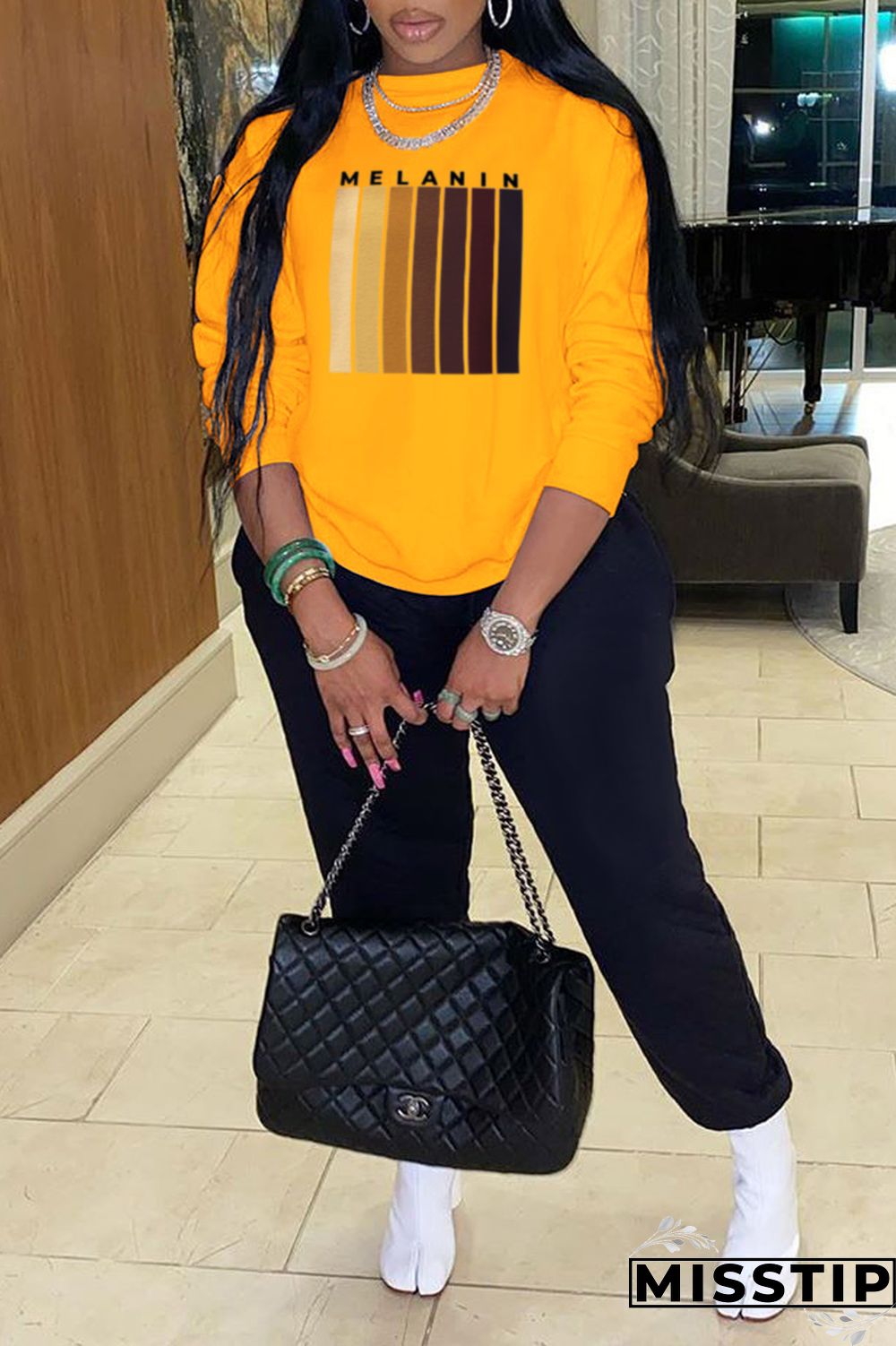 White Fashion Daily Print Patchwork Letter O Neck Tops