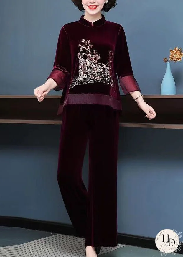 Mulberry Tops And Pants Velour Two Piece Set Embroideried Fall