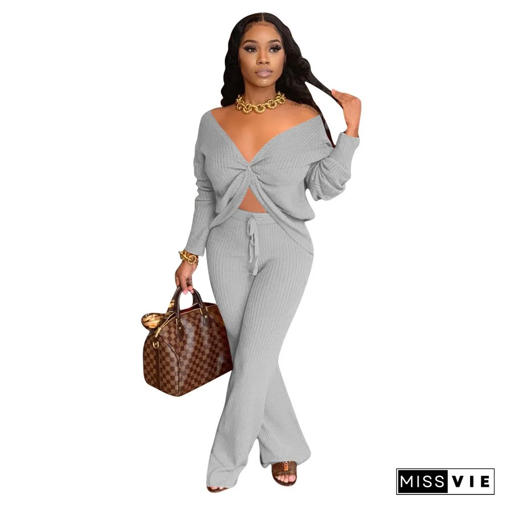 Knitted Low Cut T Shirt Wide Leg Pants Two Piece Set