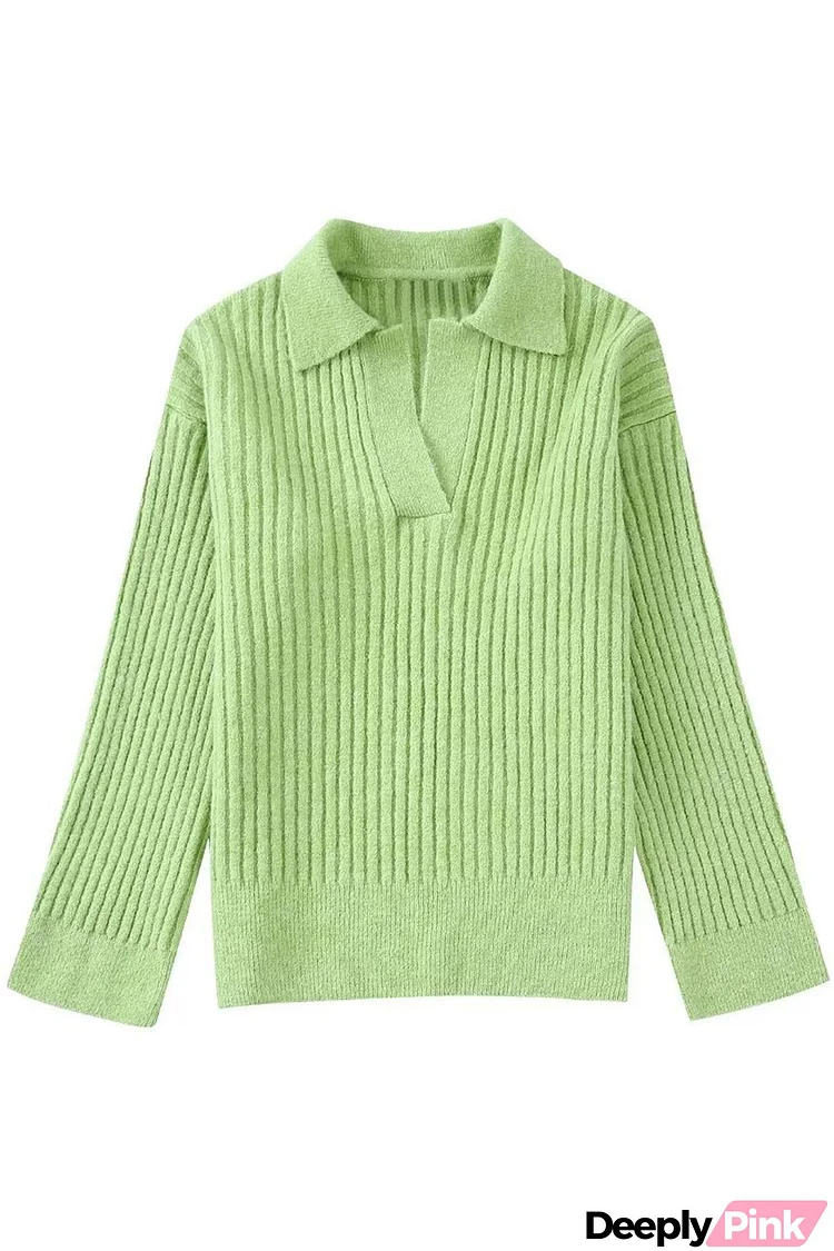 Green Lapel Ribbed Knitted Sweater