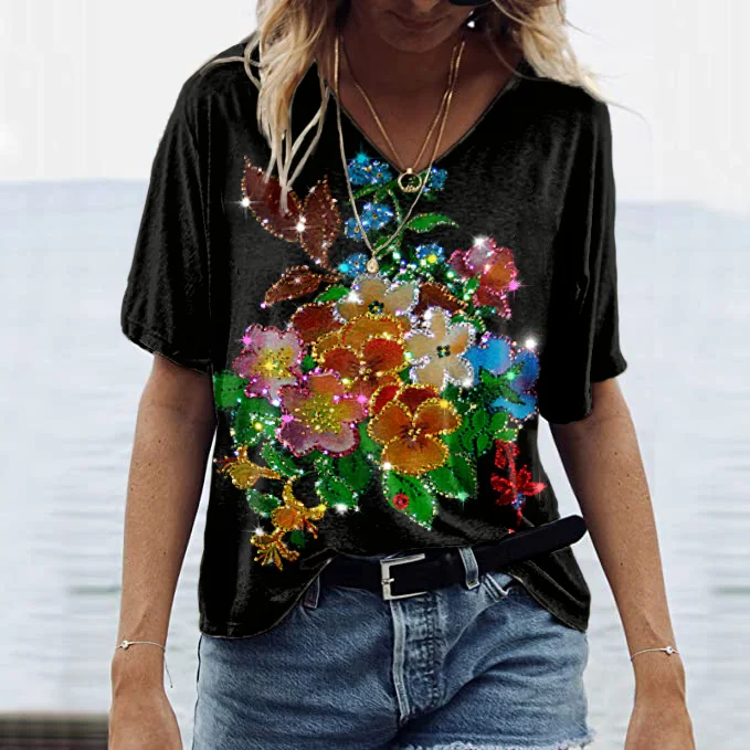 Floral Print V Neck Casual T-Shirt