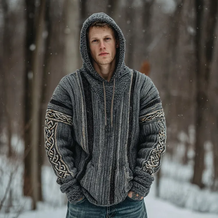 Men's Retro Colorful Striped Celtic Art Knit Hooded Sweater