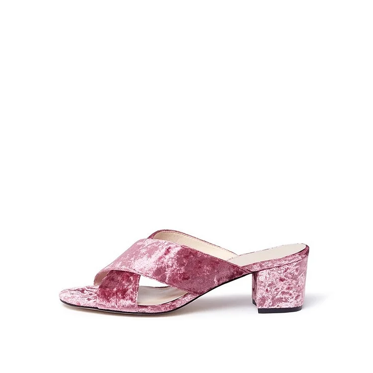 Old Pink Velvet Mules Shoes Peep Toe Knotted Block Heel Sandals |FSJ Shoes