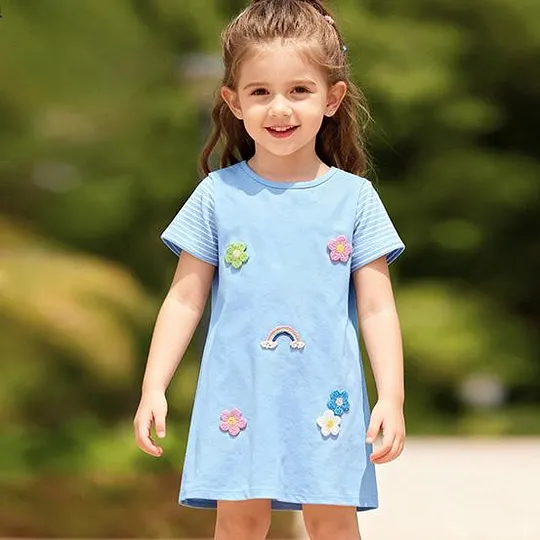 【18M-7Y】Girls' Striped Cute Dress With 3D Rainbow Flower