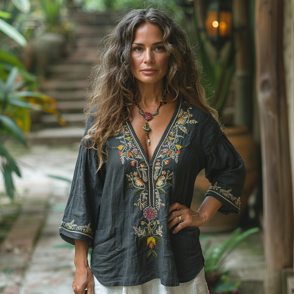 Retro Loose Comfortable And Breathable Ethnic Style Linen V-neck Short-sleeved Top