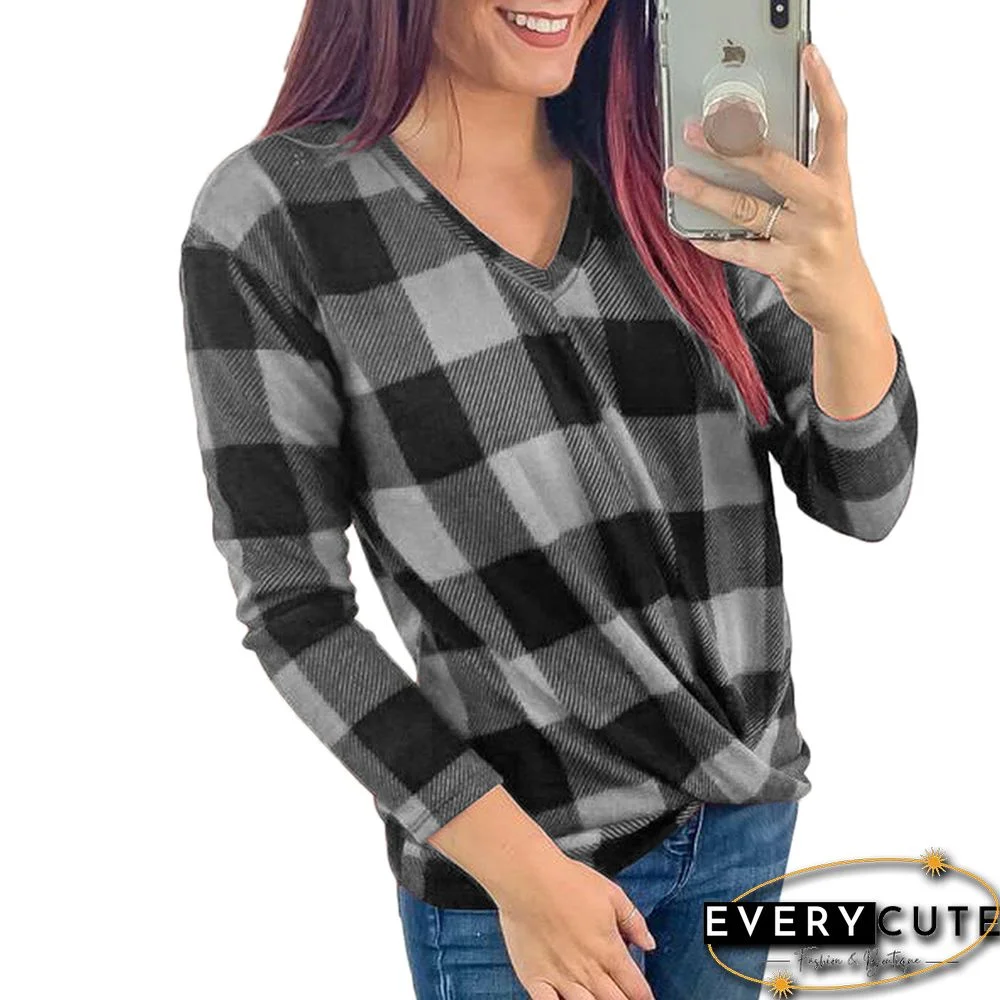 Black V Neck Plaid Print Long Sleeve Tops