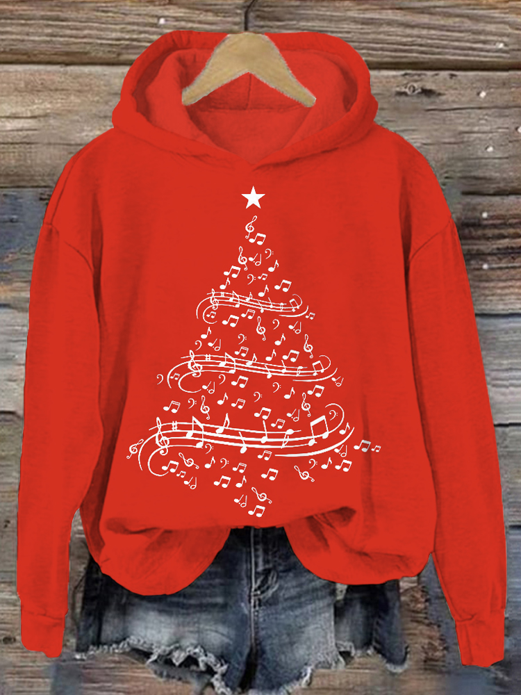 Christmas Music Notes Tree Pattern Comfy Hoodie
