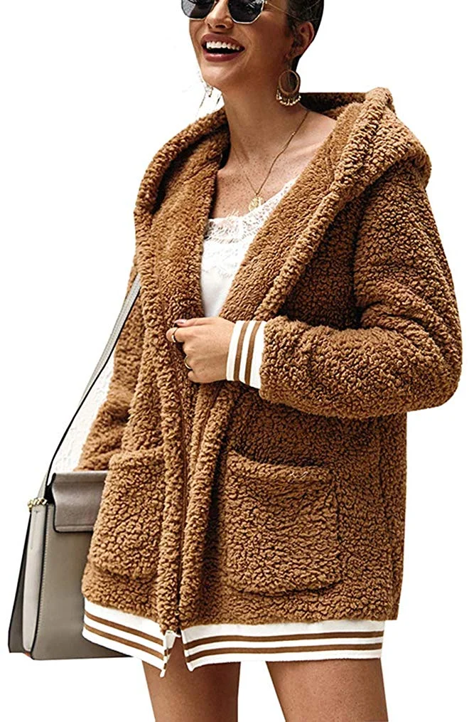 Women Faux Coat Winter Warm Casual Fleece Shaggy Stripe Long Sleeve Hooded Cardigan with Pockets