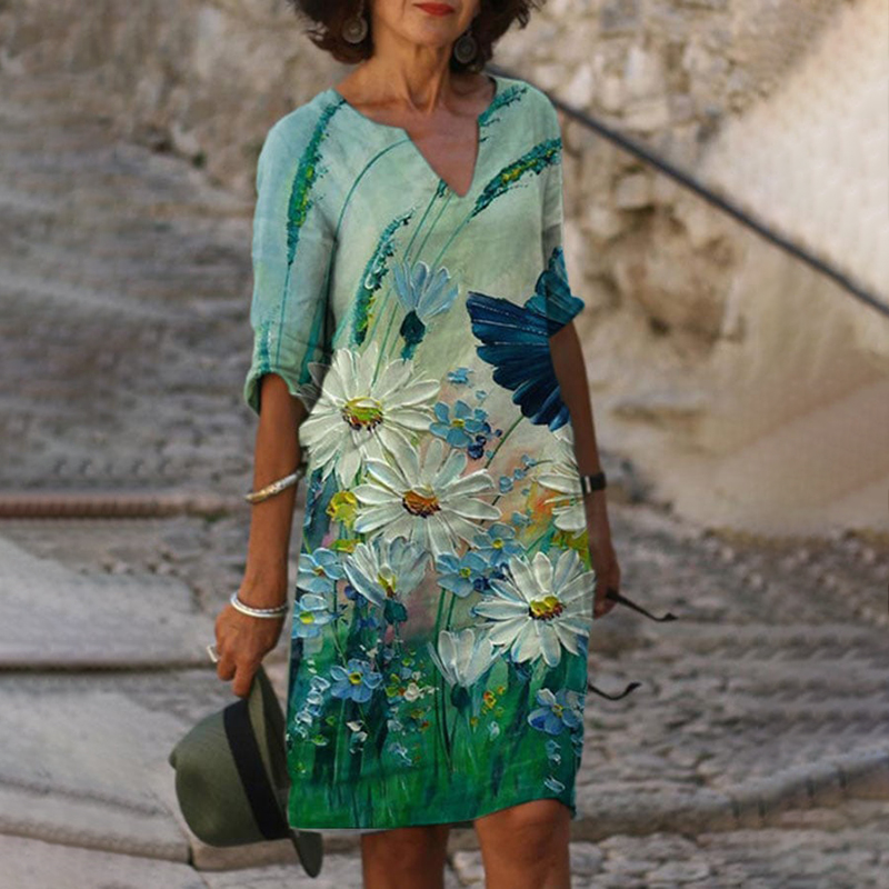 Daisy Print V-Neck Casual Midi Dress wearshes