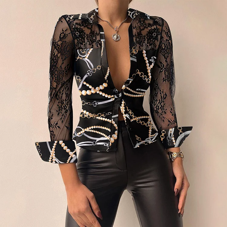 Casual PU Leather Lace See-Through Long Sleeve Button Blouse