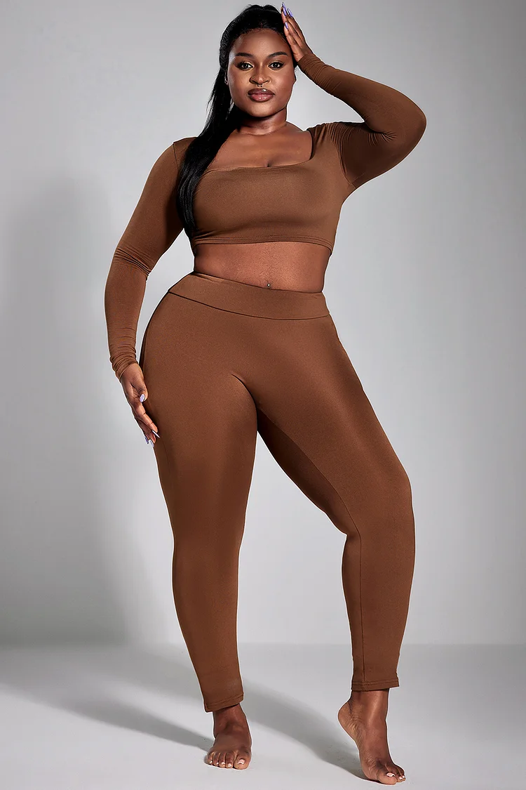 Xpluswear Design Plus Size Sport Pant Set Brown Knitted Solid Color Long-Sleeved U-Neck Slim Fashion For Women Two Piece Pant Set [Pre-Order]