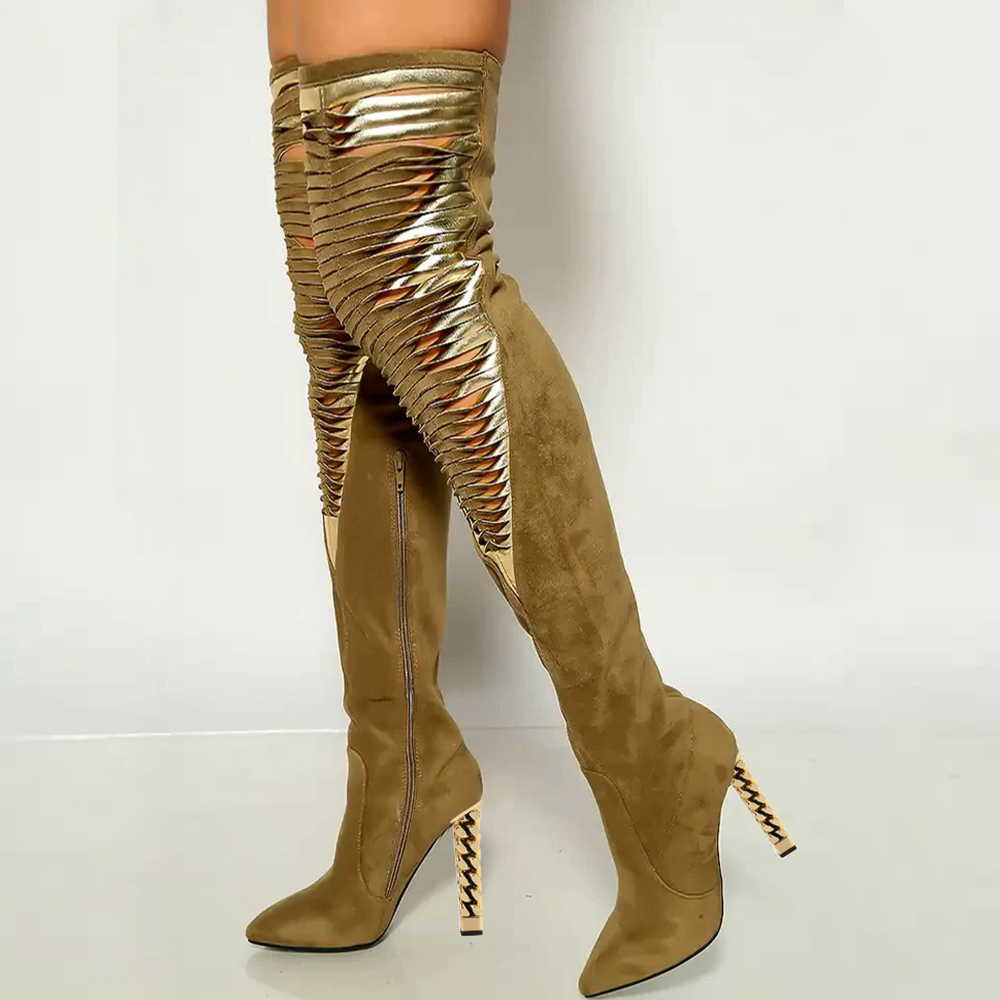 Green Pointy Toe Chunky High Heel Cutout over the Knee Boots