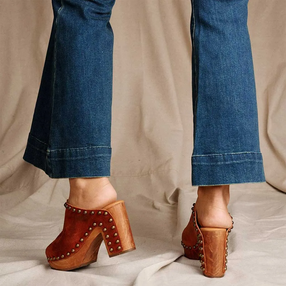 Tan Vegan Suede Studded Wide Strap Platform Women's Heel Sandals