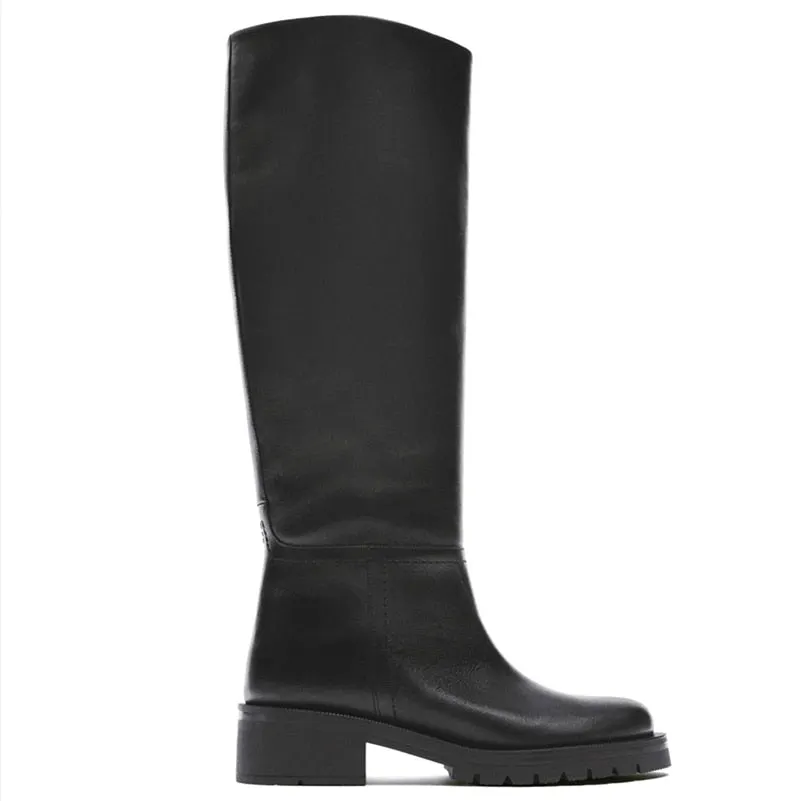 Meotina Women Genuine Leather Boots Round Toe Thick High Heel Platform Ladies Boots Knee High Boots Autumn Winter Apricot 34-42