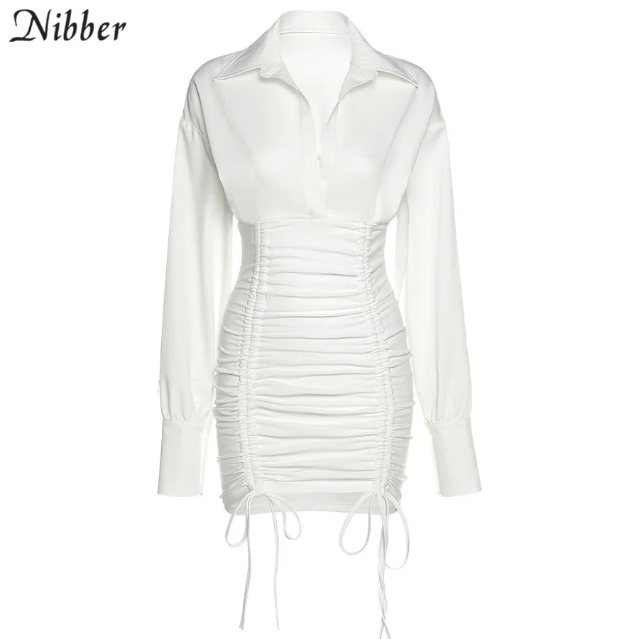 Nibber Elegant Stacked Drawstring Bodycon Mini Dress Women High Quality Office Solid Streetwear 2021 Spring Fall Popular Clothes