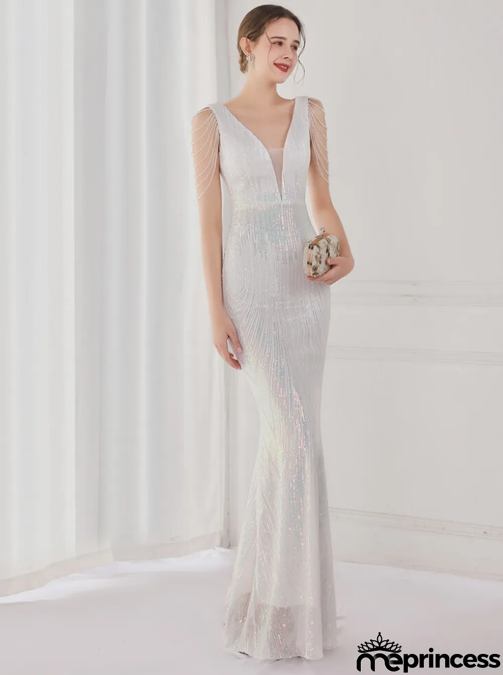 Spring Elegant White Bling Sequins V Neck Tassel Gradient Mermaid Evening Dress