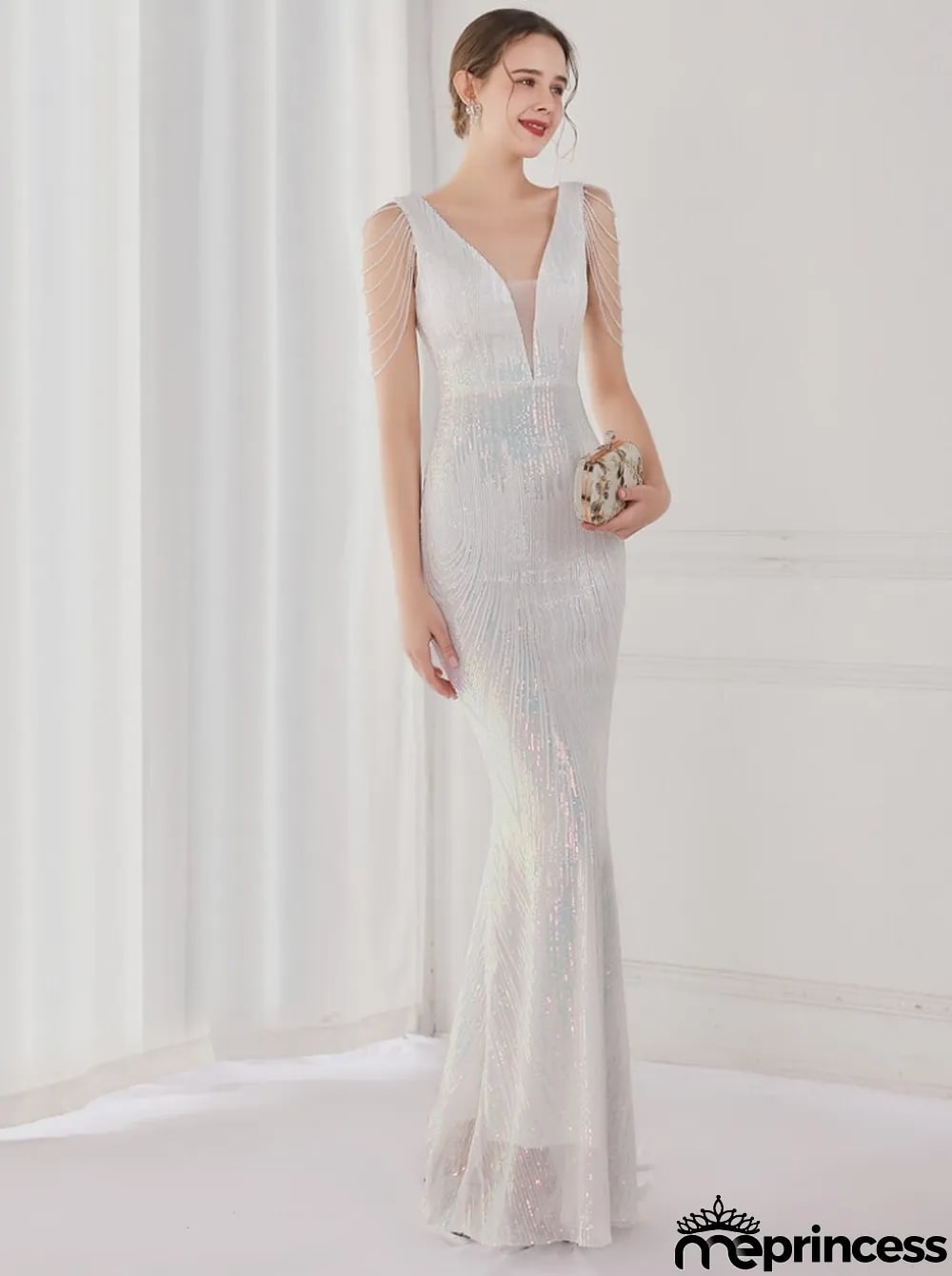 Spring Elegant White Bling Sequins V Neck Tassel Gradient Mermaid Evening Dress