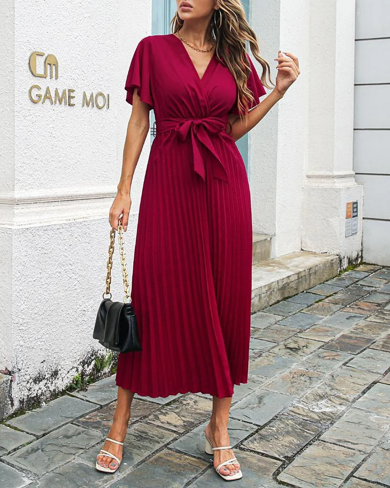 Casual ruffle sleeve pleated chiffon dress