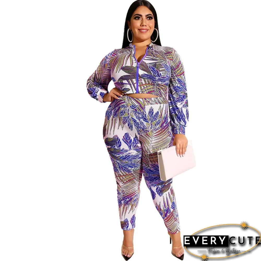 Blue Leaf Print Zipper Top Plus Size Bodycon Pant Set