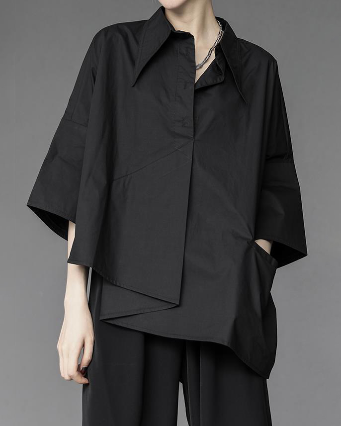 Asymmetric Hem Three Quarter Sleeve Loose Shirt