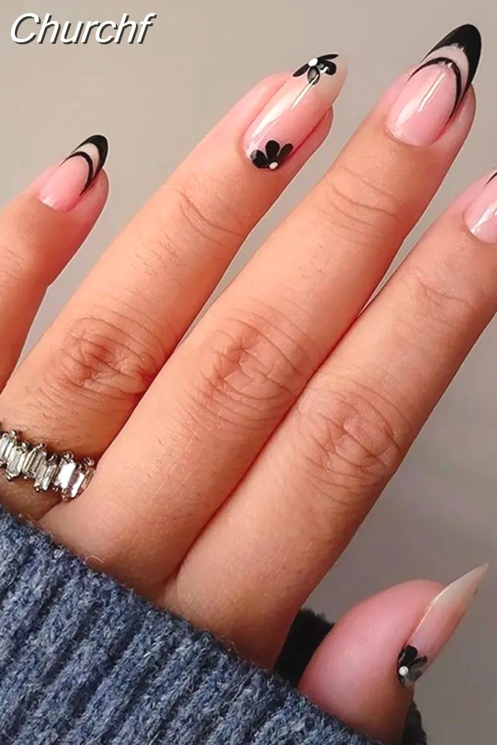 Churchf Short Almond Black Flower False Nail Finished Nail Patches French Stiletto Fake Nails Full Cover Nail Tips Press On Nail-Nail Inspo
