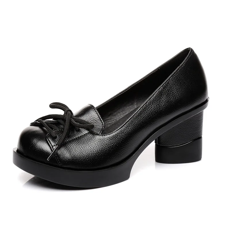 GKTINOO Spring Women Pumps Retro Lady 6CM High Heels Slip On Platform Pumps Handmade Women Genuine Leather Shoes