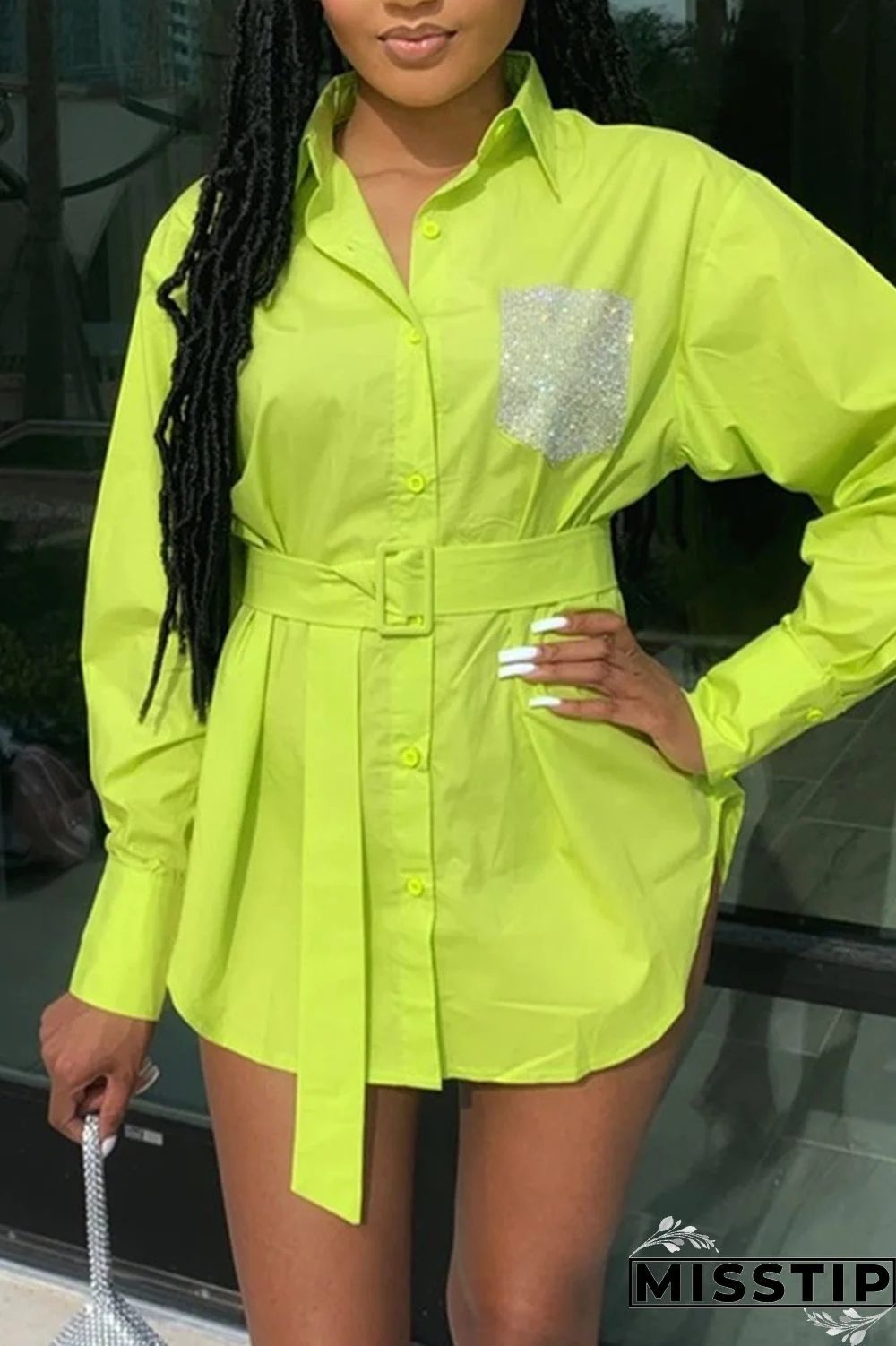 FluorescentYellow Fashion Casual Long Sleeve Shirt Dress