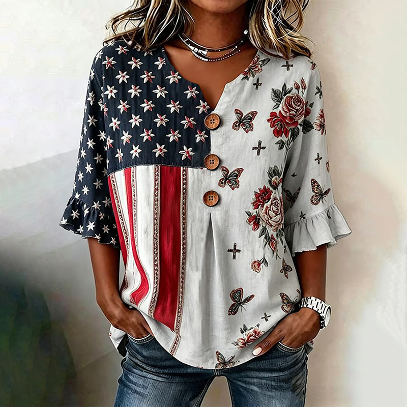  Women's Retro Flag Patchwork Print V Neck Casual Shirt Westsshops