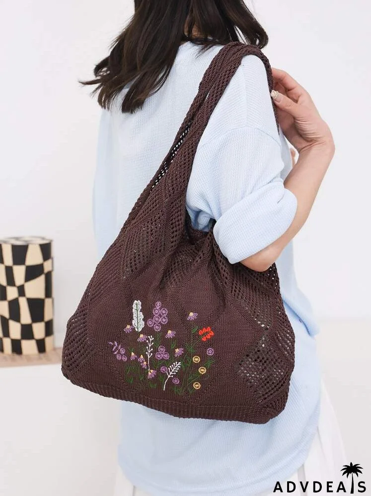 Floral Embroidered Hollow Out Crochet Bag