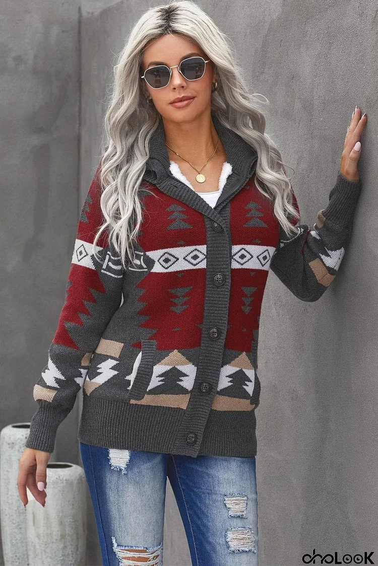 Winter Gray Retro Jacquard Pattern Buttoned Front Hooded Sweater