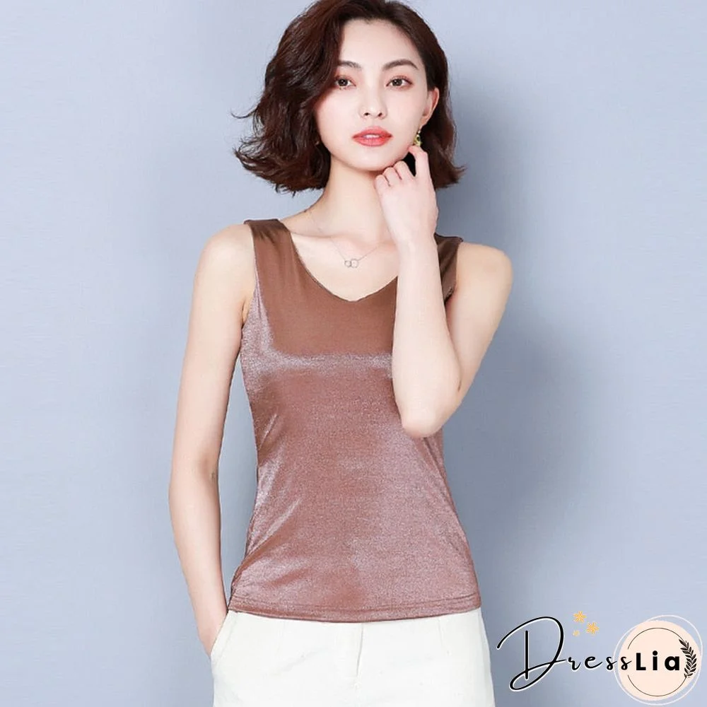 Christmas Gift Top women Summer V Neck Chiffon Vest Sleeveless Casual Blusas Tank Tops Silk Patchwork T Shirt Bottom Camisole New White