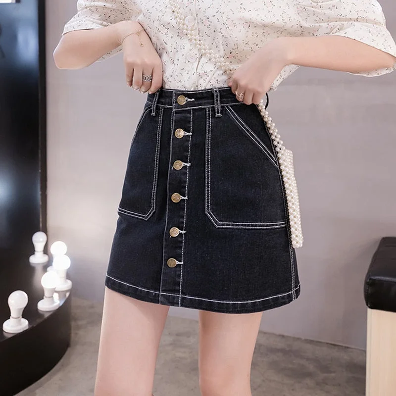 Zoki Plus Size Women Denim Skirt Korean Fashion Button Ladies Jeans Mini Skirt Casual High Waist A Line Pocket Black Blue Faldas