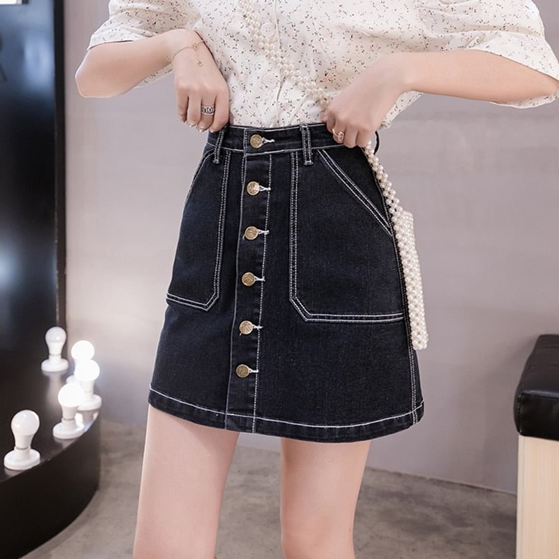 Zoki Plus Size Women Denim Skirt Korean Fashion Button Ladies Jeans Mini Skirt Casual High Waist A Line Pocket Black Blue Faldas