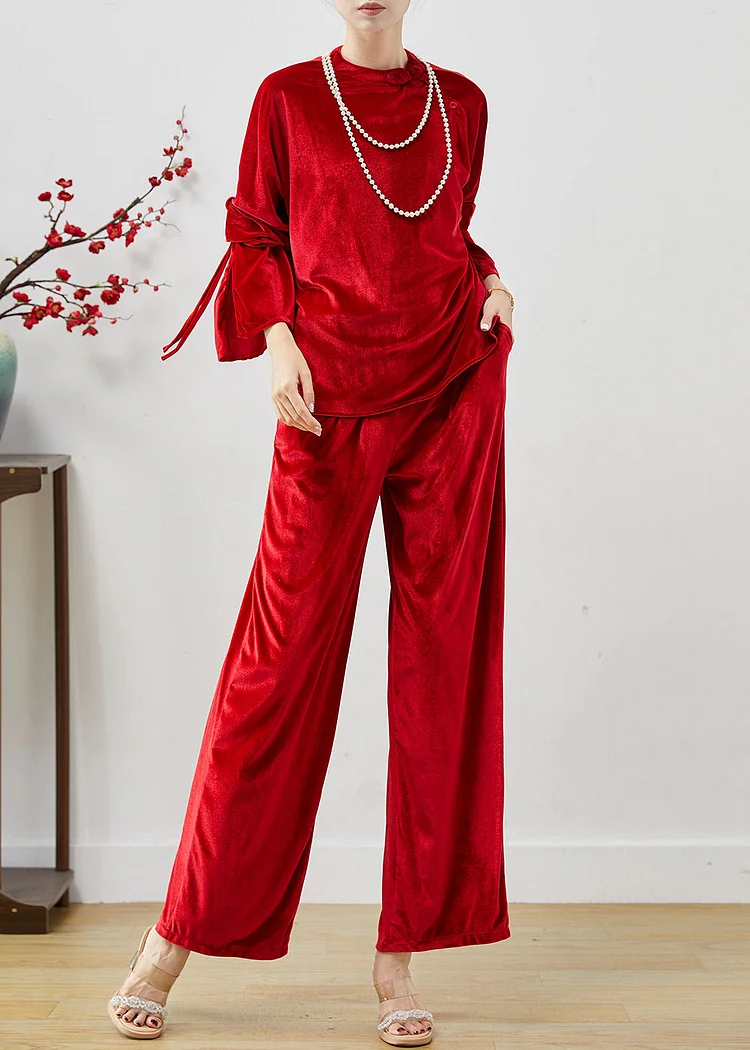 Women Red Side Open Silk Velvet Two Piece Set Women Clothing Fall