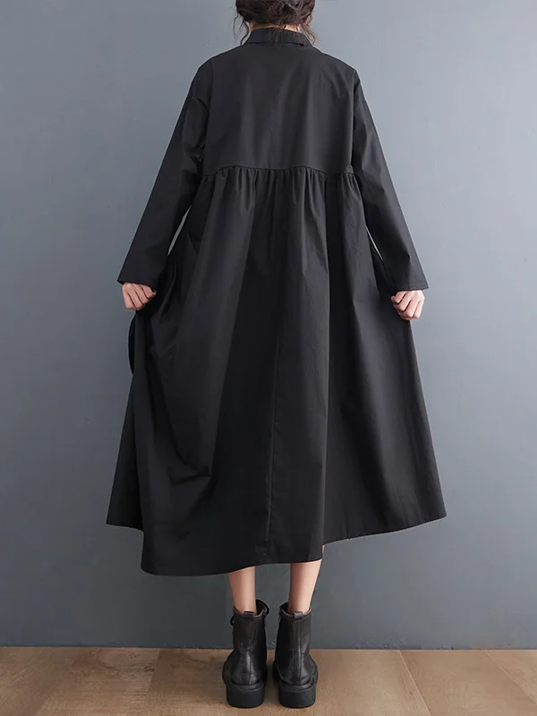 Urban Floral Applique Pleated Long Sleeves Shirt Dress Midi Dress