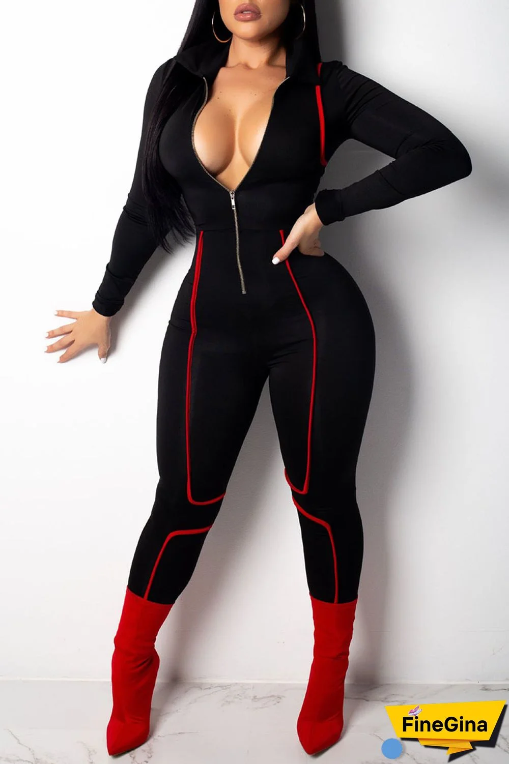 Burgundy Elastic Fly Long Sleeve Mid Print Skinny Pants Jumpsuits & Rompers