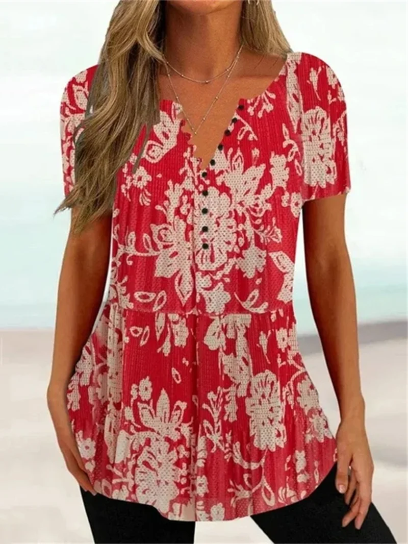 Women's Casual V Neck Retro Print Bottom Shirt Top
