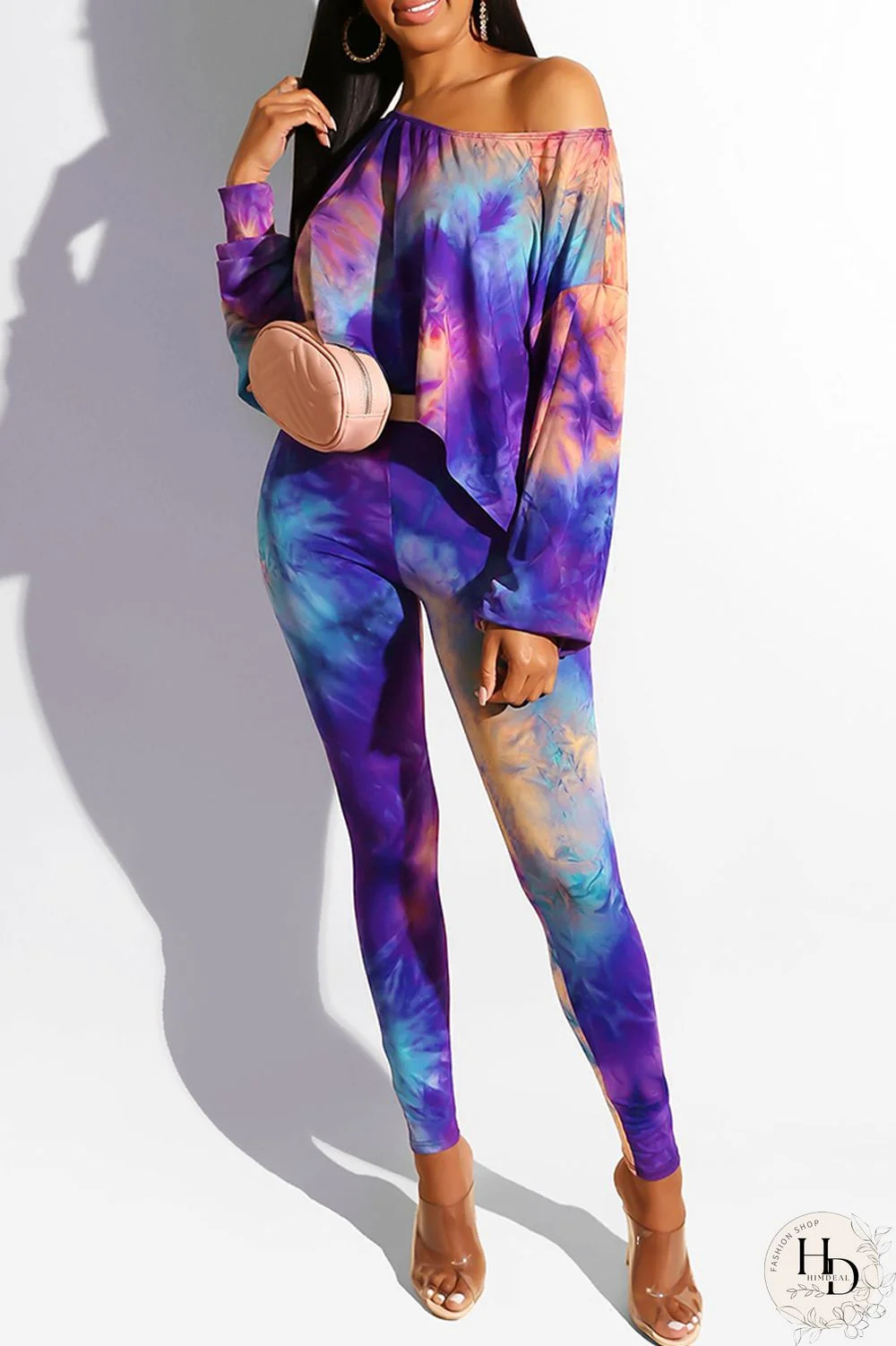 Green Fashion Casual Print Tie-dye Oblique Collar Long Sleeve Two Pieces