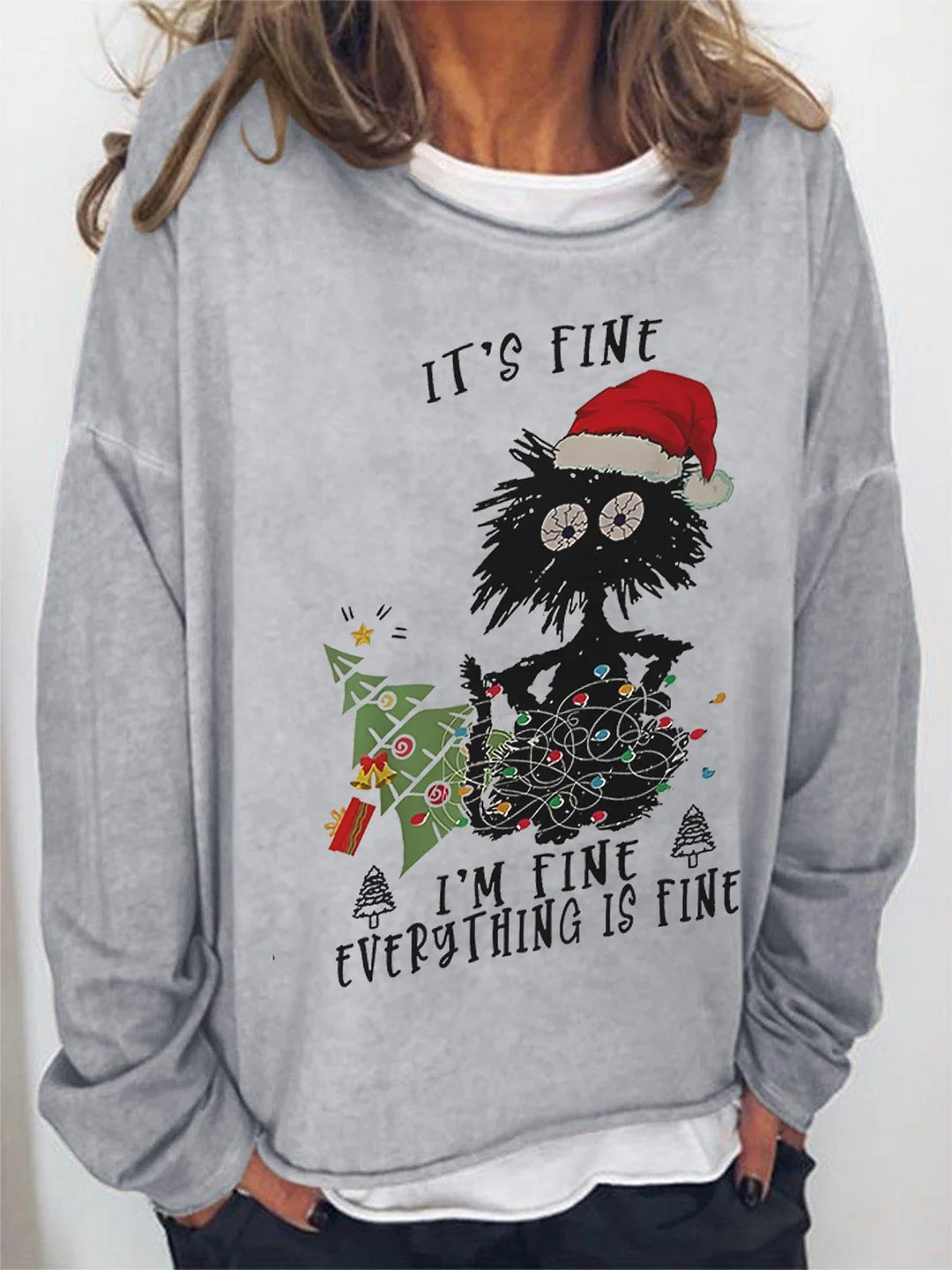 Christmas It's Fine Cat Print Crew Neck Casual Top