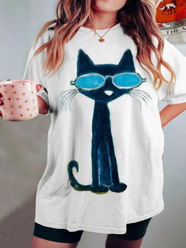 Women's Cat Art Print Crew Neck Causl Shirt