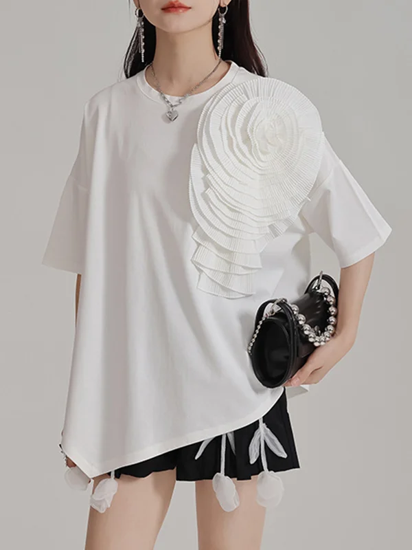 Loose Short Sleeves Asymmetric Solid Color Three-Dimensional Flower Round-Neck T-Shirts Tops