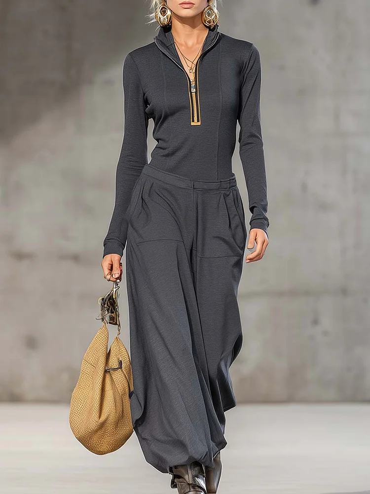 Dark Gray Half-high Collar Zipper Top + Wide Pants Set
