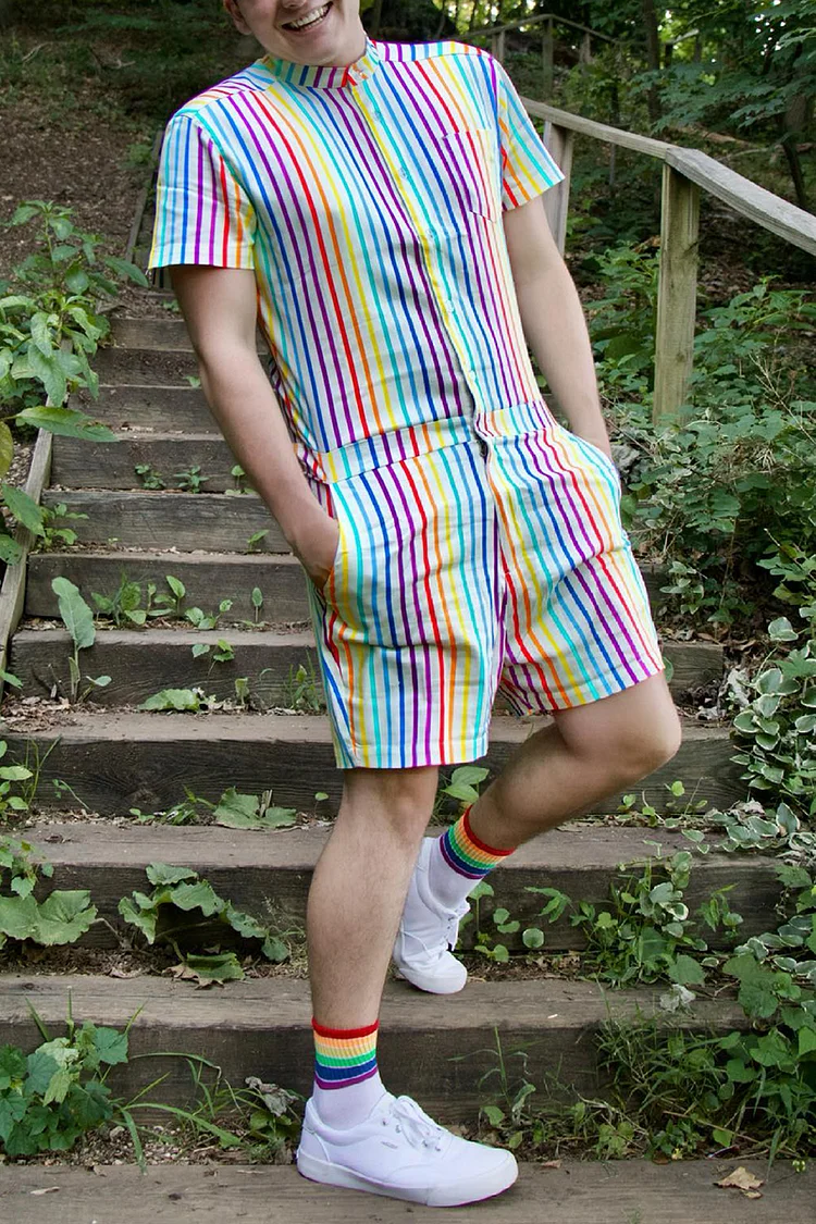 Rainbow Stripes Pocket Stand-Up Collar Short Sleeve Festival Romper
