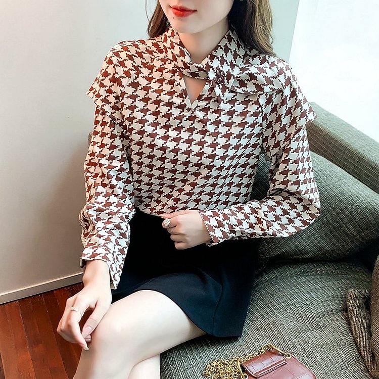 Coffee Printed Houndstooth Shift Casual Shirts & Tops