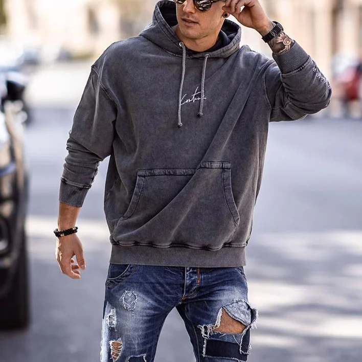 Dark grey hoodie mens vintage basic long sleeve sweatshirt-barclient