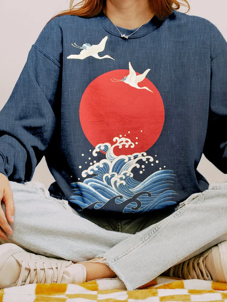 Japanese Sun and Cranes Art Vintage Cozy Sweatshirt
