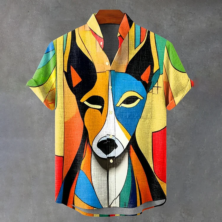 Simpfit Herren Freizeithemd mit abstraktem Hunde-Farbgeometrie-Kunstdruck