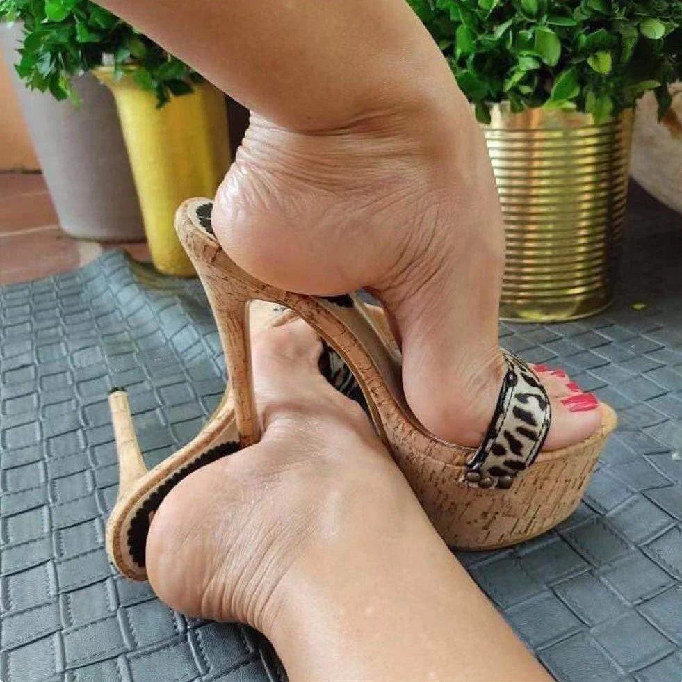 Rontic New Women Platform Mules Sandals Cork Pattern Sexy Stiletto Heels Open Toe Pretty Leopard Party Shoes