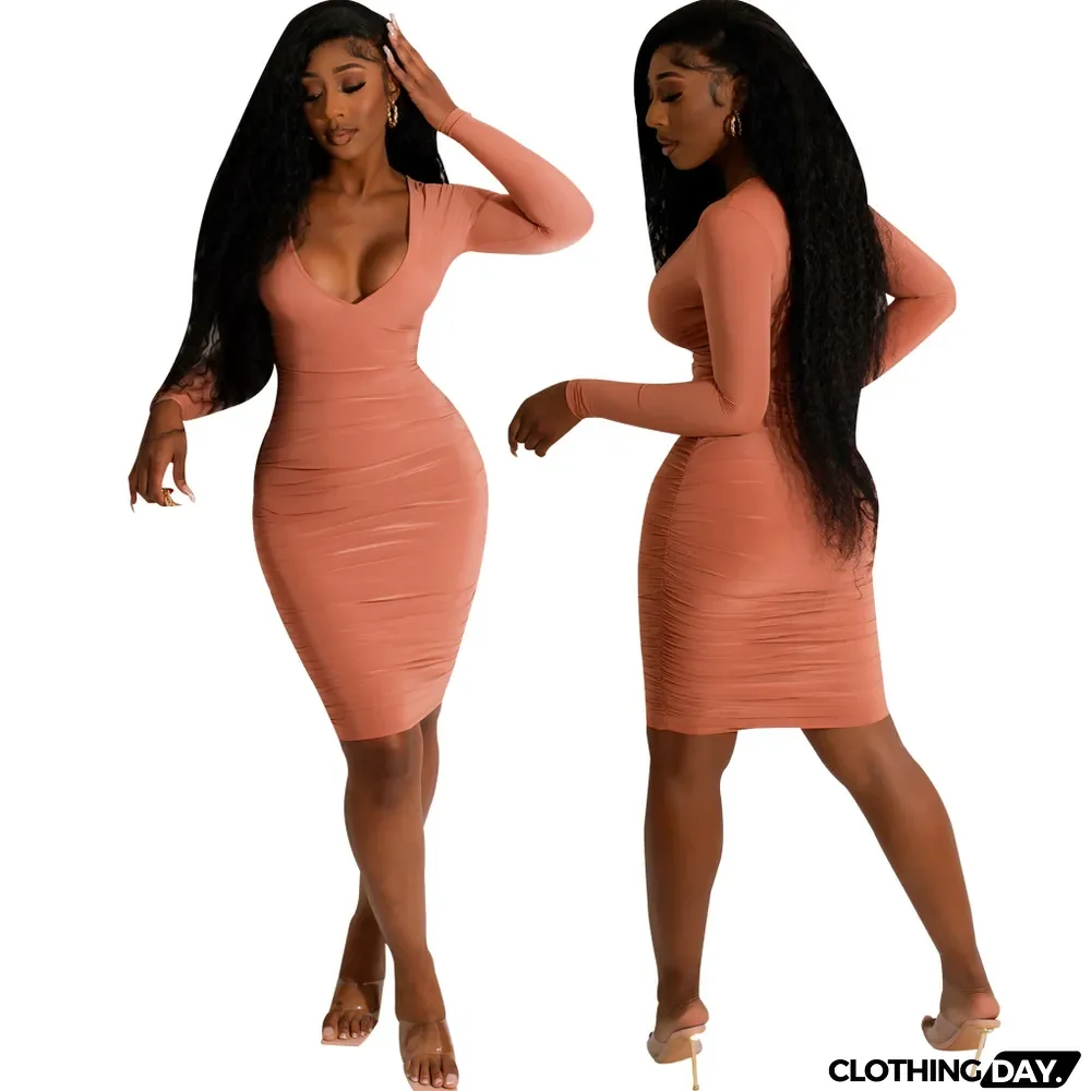 Sexy Fashion Solid Color Nightclub Deep V Neck Dress